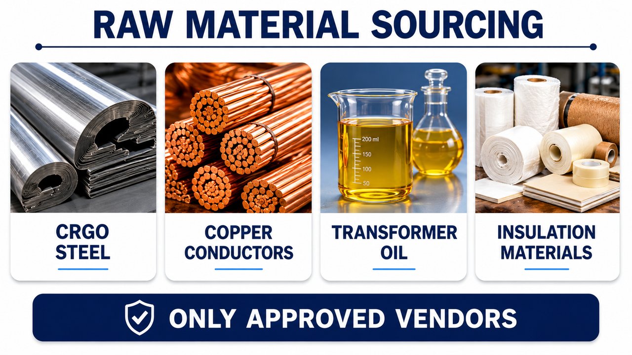 Raw material sourcing — CRGO steel, copper conductors, transformer oil and insulation from approved vendors