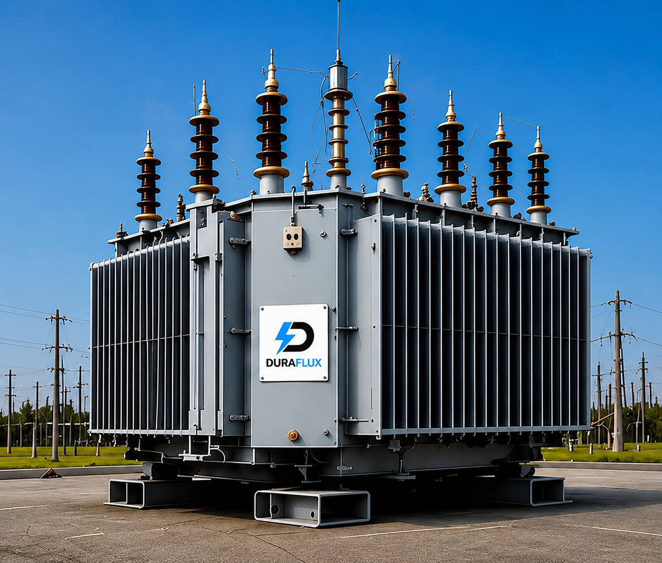 DuraFlux branded transformer against a blue sky
