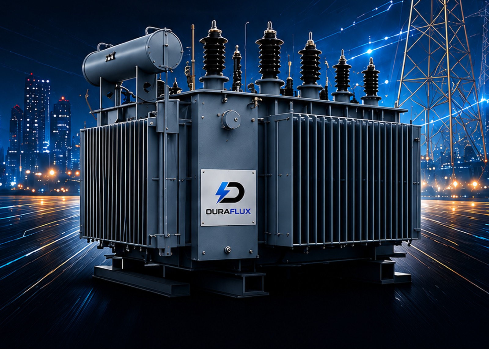 DuraFlux power transformer on a digital city-grid backdrop